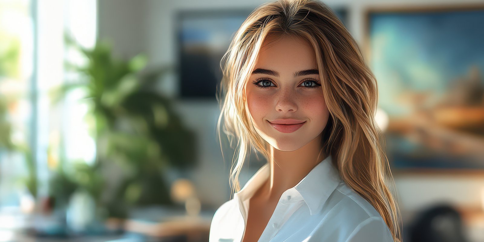 Young woman with long hair smiling in a bright indoor setting during daylight hours